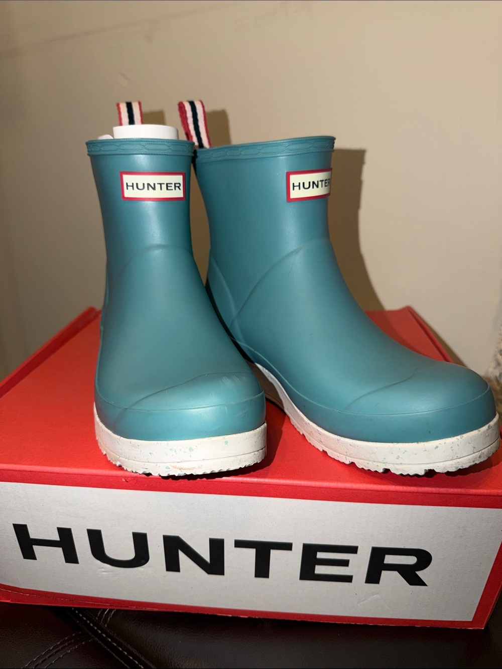 Hunter Teal Short Rain Boots with White Soles